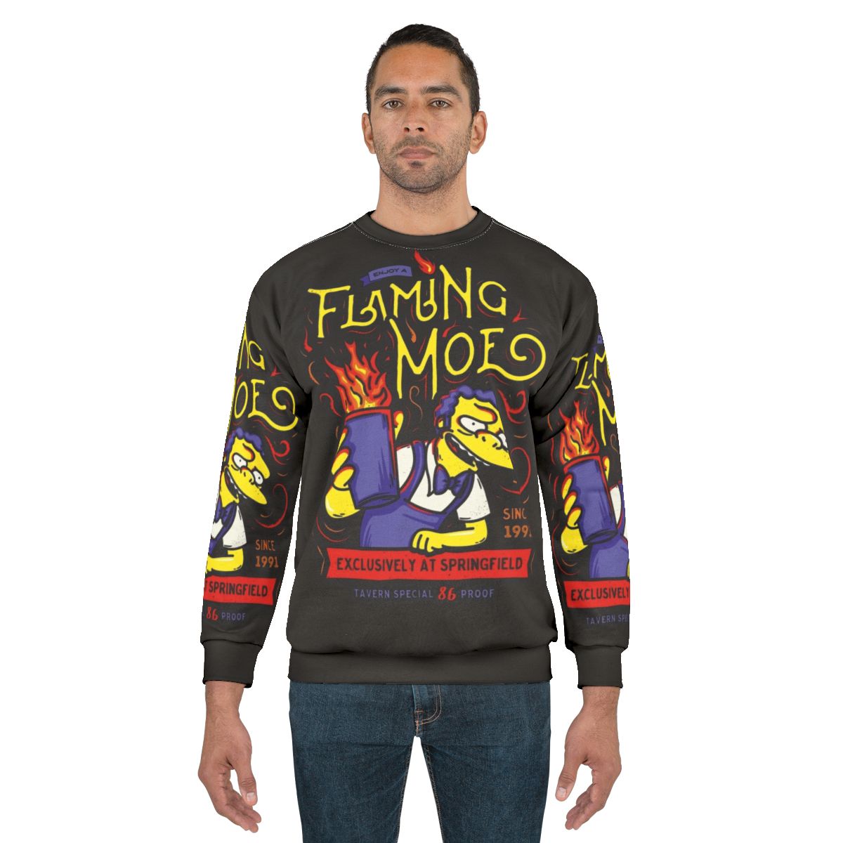 Flaming drink sweatshirt with classic cartoon design from Springfield tavern
