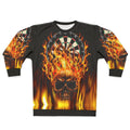 Flaming skull dartboard graphic on a sweatshirt