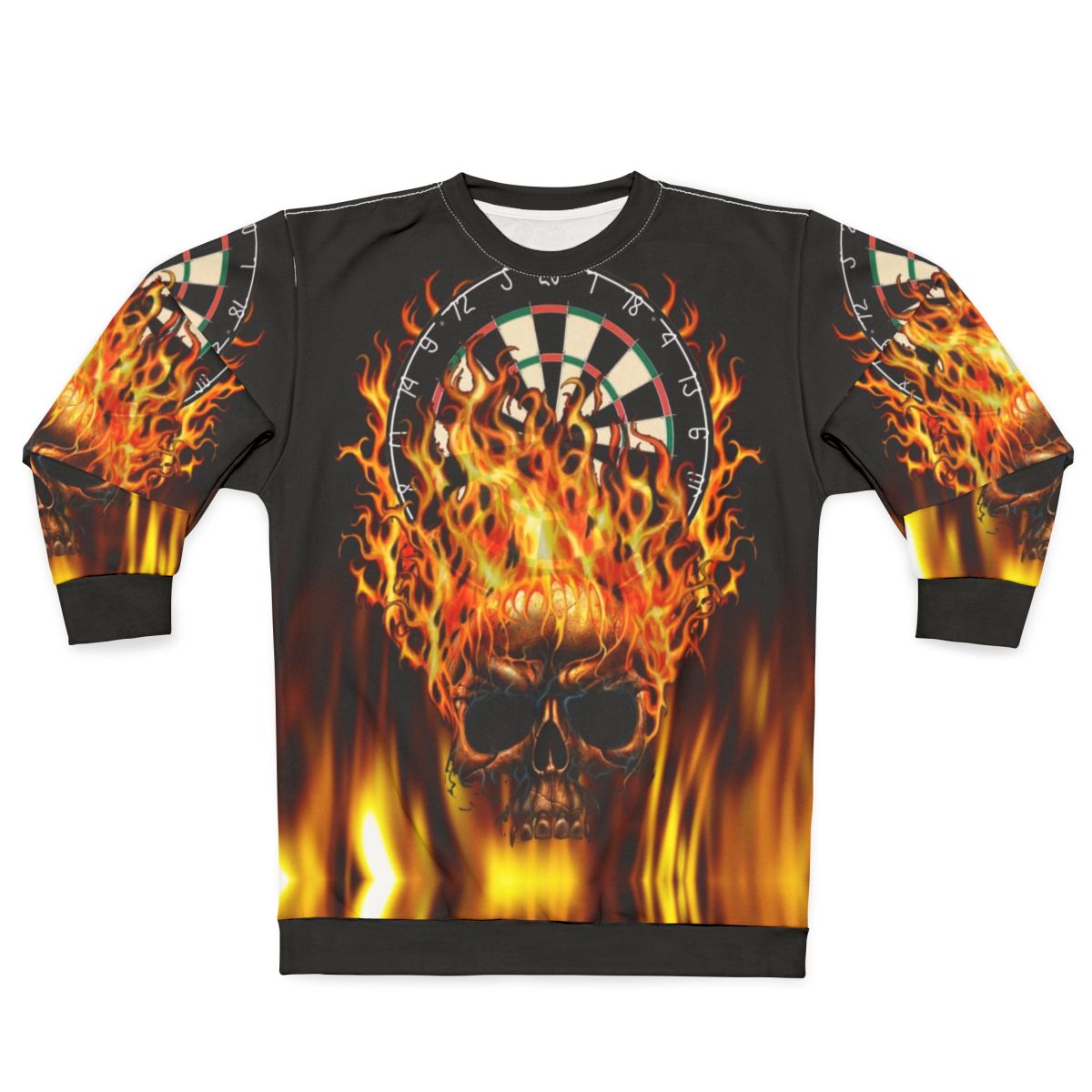 Flaming skull dartboard graphic on a sweatshirt