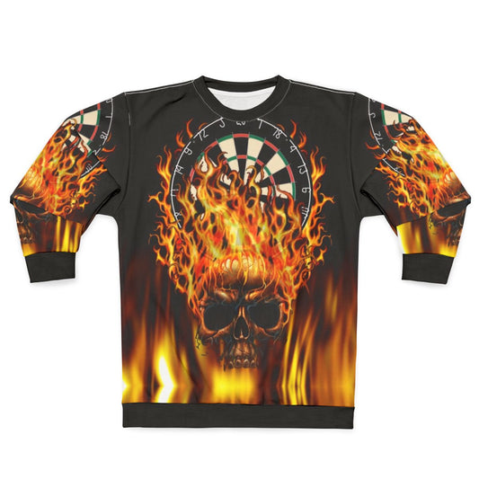 Flaming skull dartboard graphic on a sweatshirt