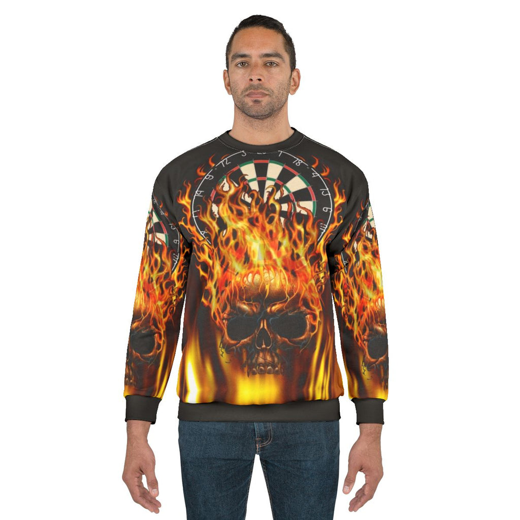 Flaming skull dartboard graphic on a sweatshirt
