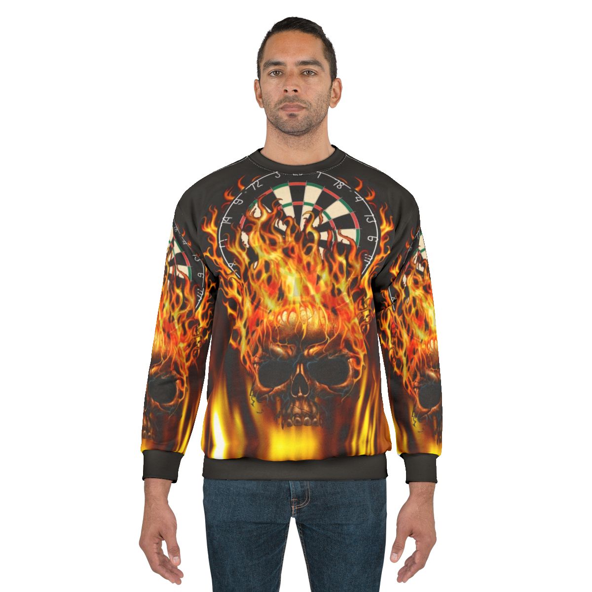 Flaming skull dartboard graphic on a sweatshirt