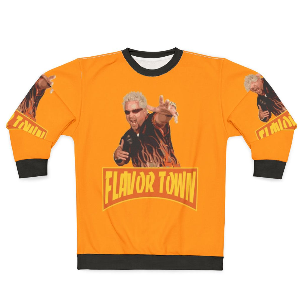 Guy Fieri "Flavor Town USA" graphic printed on a red and white sweatshirt