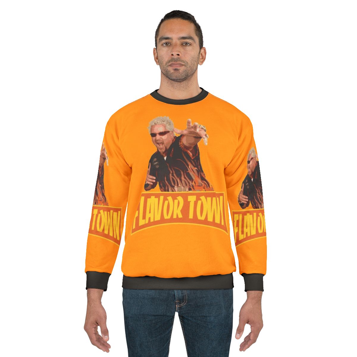 Guy Fieri "Flavor Town USA" graphic printed on a red and white sweatshirt
