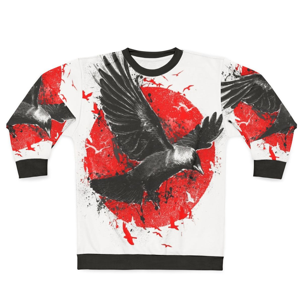 Unique red sweatshirt with bird and moon design
