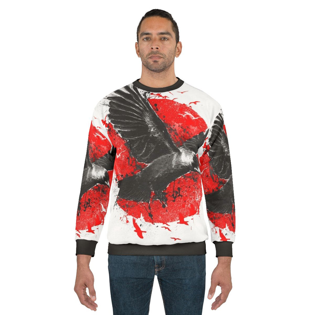 Unique red sweatshirt with bird and moon design