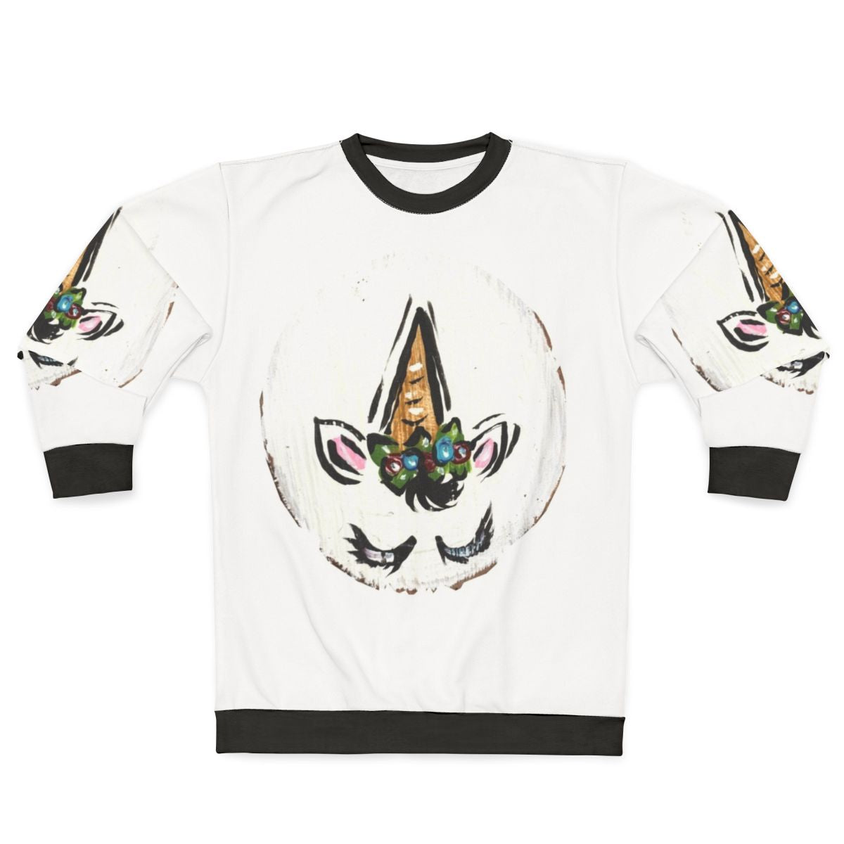 Floral unicorn sweatshirt with spiraling horn and botanical design