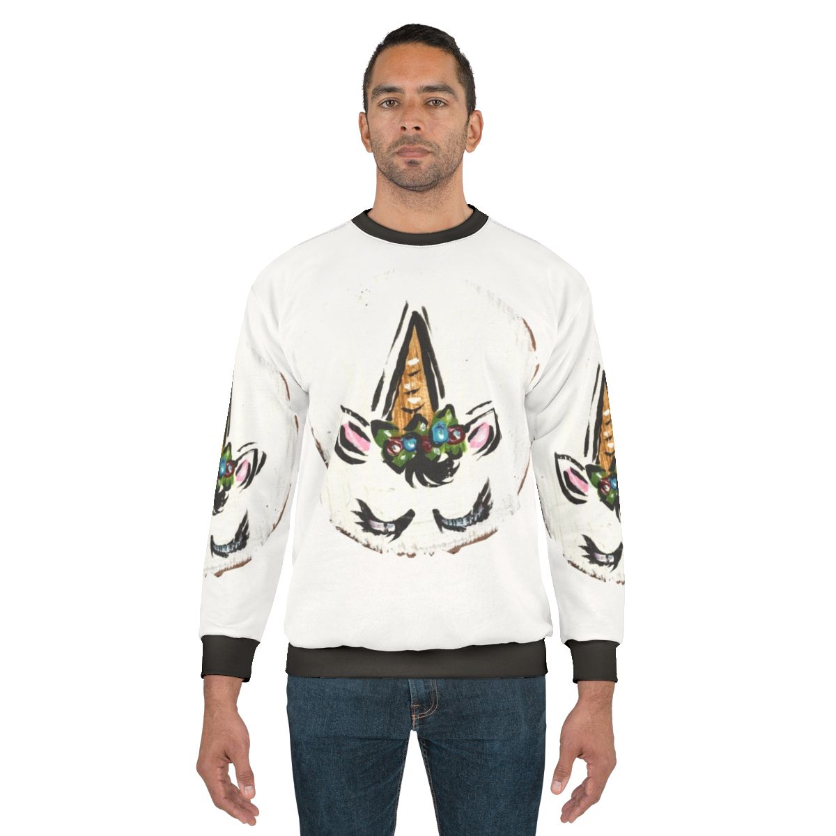 Floral unicorn sweatshirt with spiraling horn and botanical design