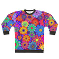 Retro floral hippie sweatshirt with colorful vintage-inspired flower design