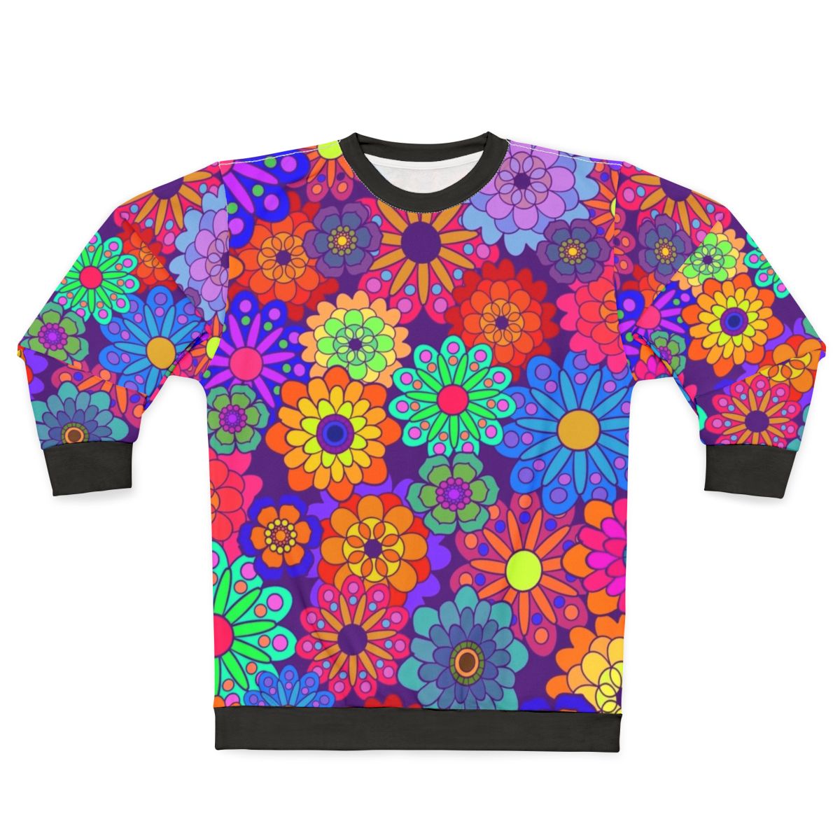 Retro floral hippie sweatshirt with colorful vintage-inspired flower design