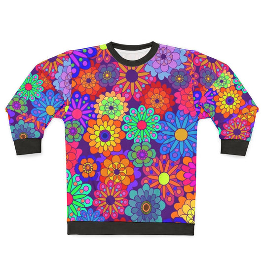 Retro floral hippie sweatshirt with colorful vintage-inspired flower design