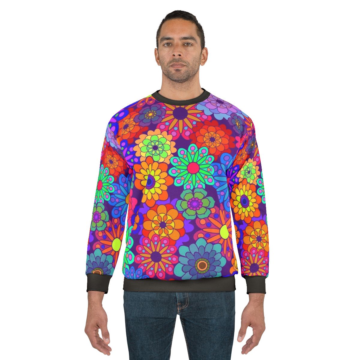 Retro floral hippie sweatshirt with colorful vintage-inspired flower design