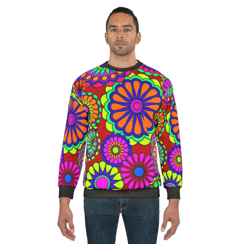 Retro hippy flowers sweatshirt with vibrant floral 60s 70s design