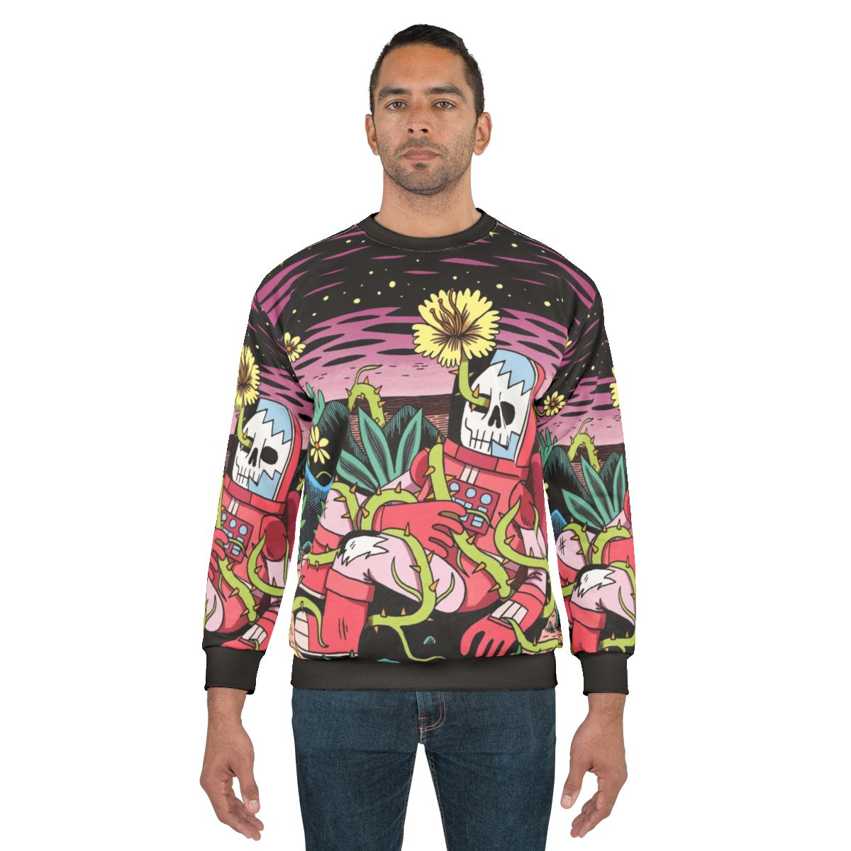 Flower pattern sweatshirt with cosmic, space-inspired design