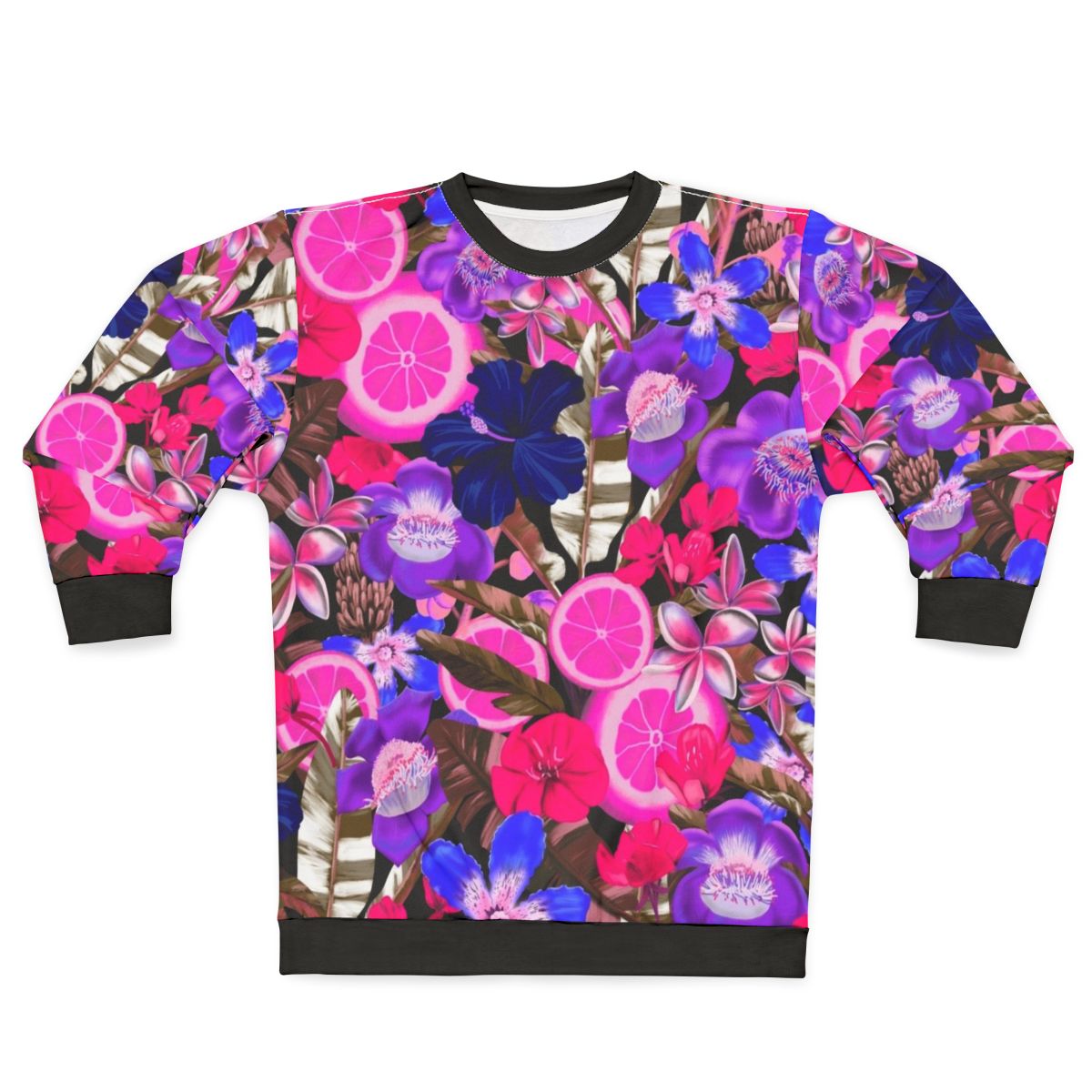 Blue sweatshirt with a colorful botanical and floral pattern