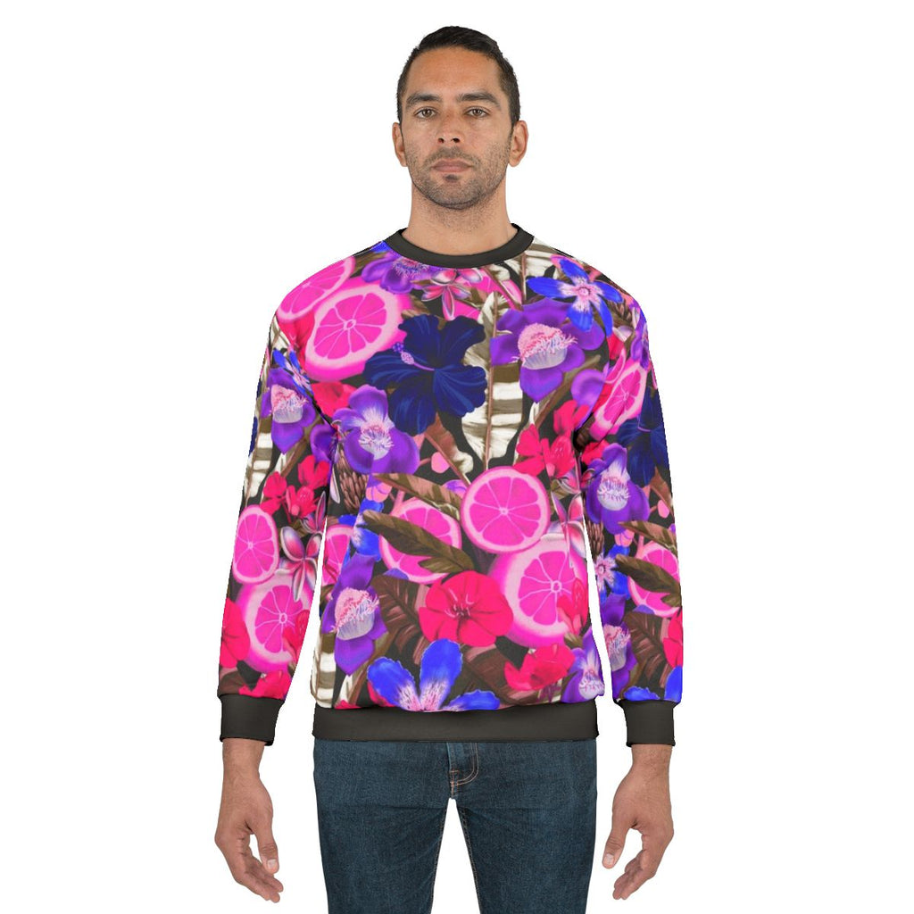 Blue sweatshirt with a colorful botanical and floral pattern