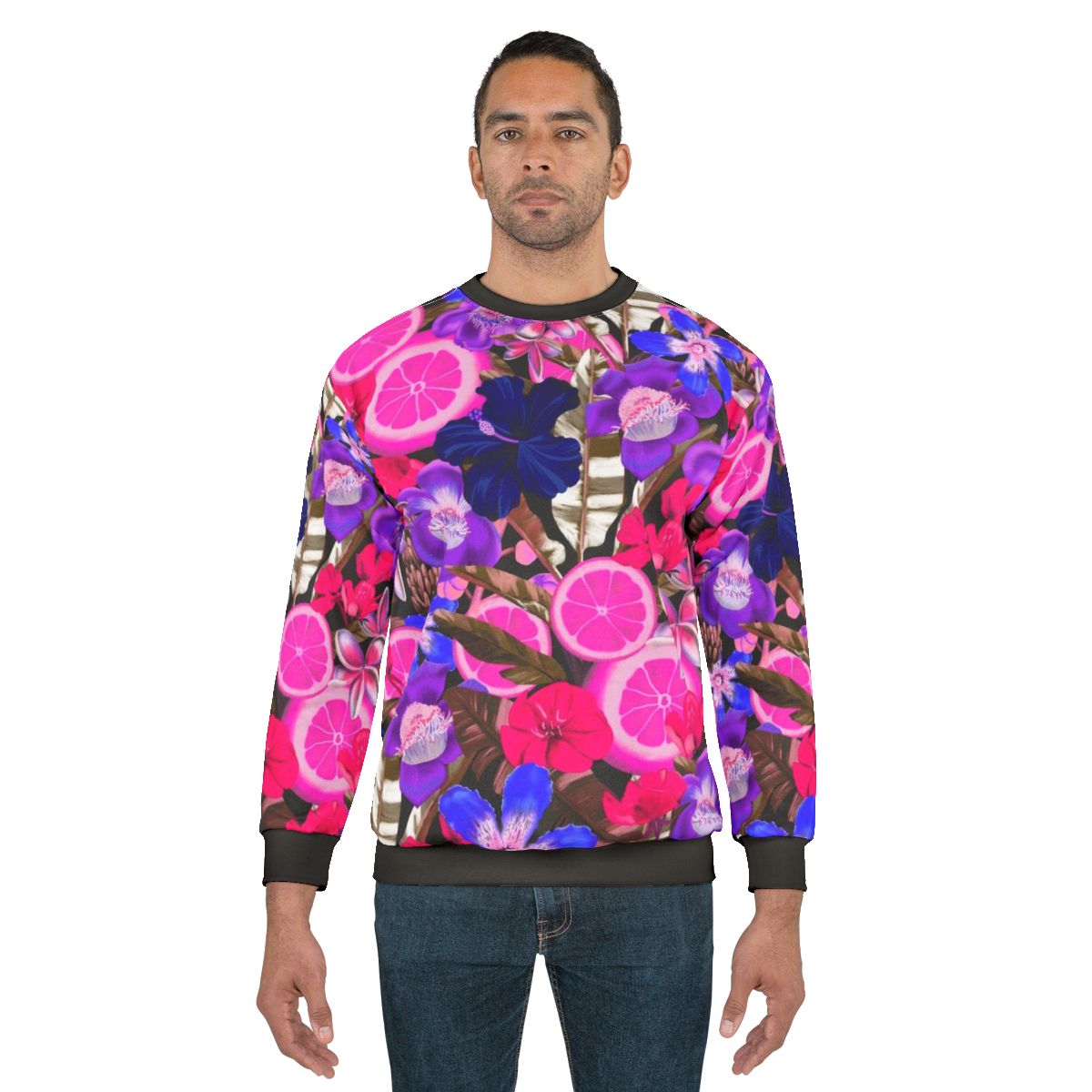 Blue sweatshirt with a colorful botanical and floral pattern