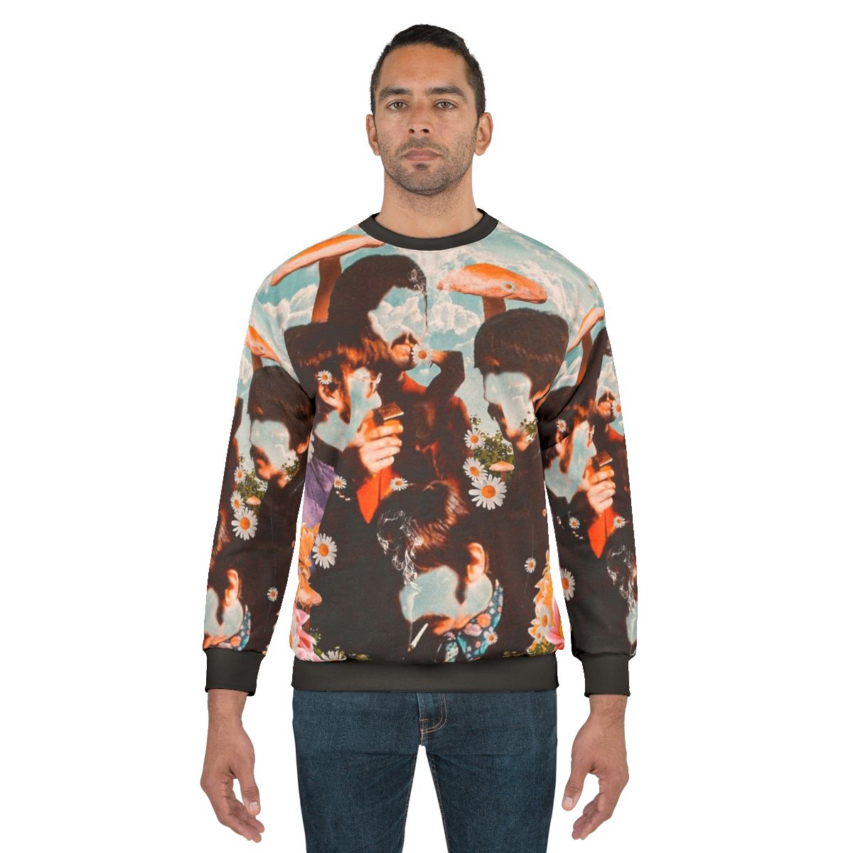 Vintage trippy psychedelic sweatshirt with mushrooms and flowers