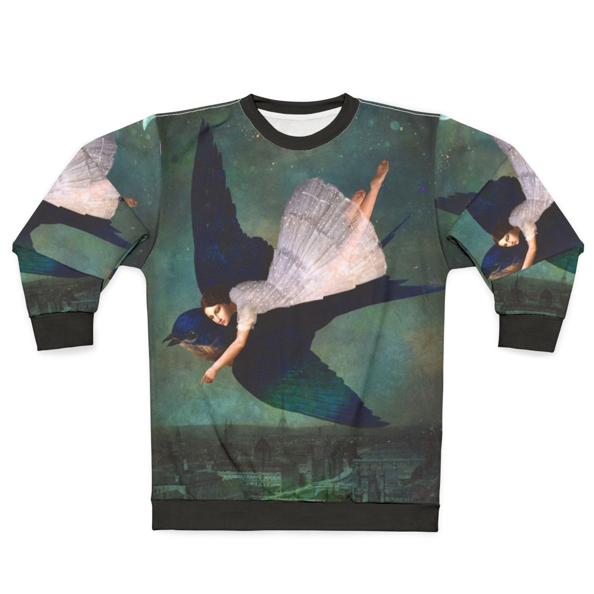 Sweatshirt with a surreal dreamscape featuring a girl flying over Paris under the night sky and stars
