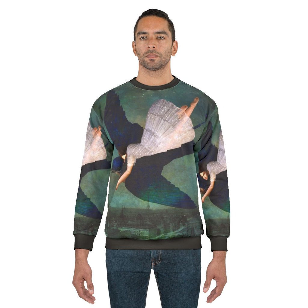 Sweatshirt with a surreal dreamscape featuring a girl flying over Paris under the night sky and stars