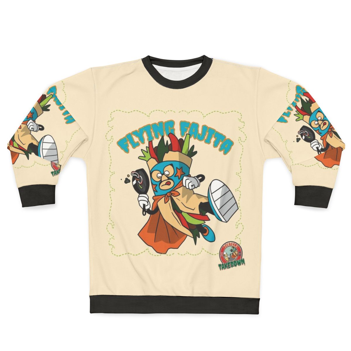 Mexican wrestling sweatshirt with tortilla takedown design