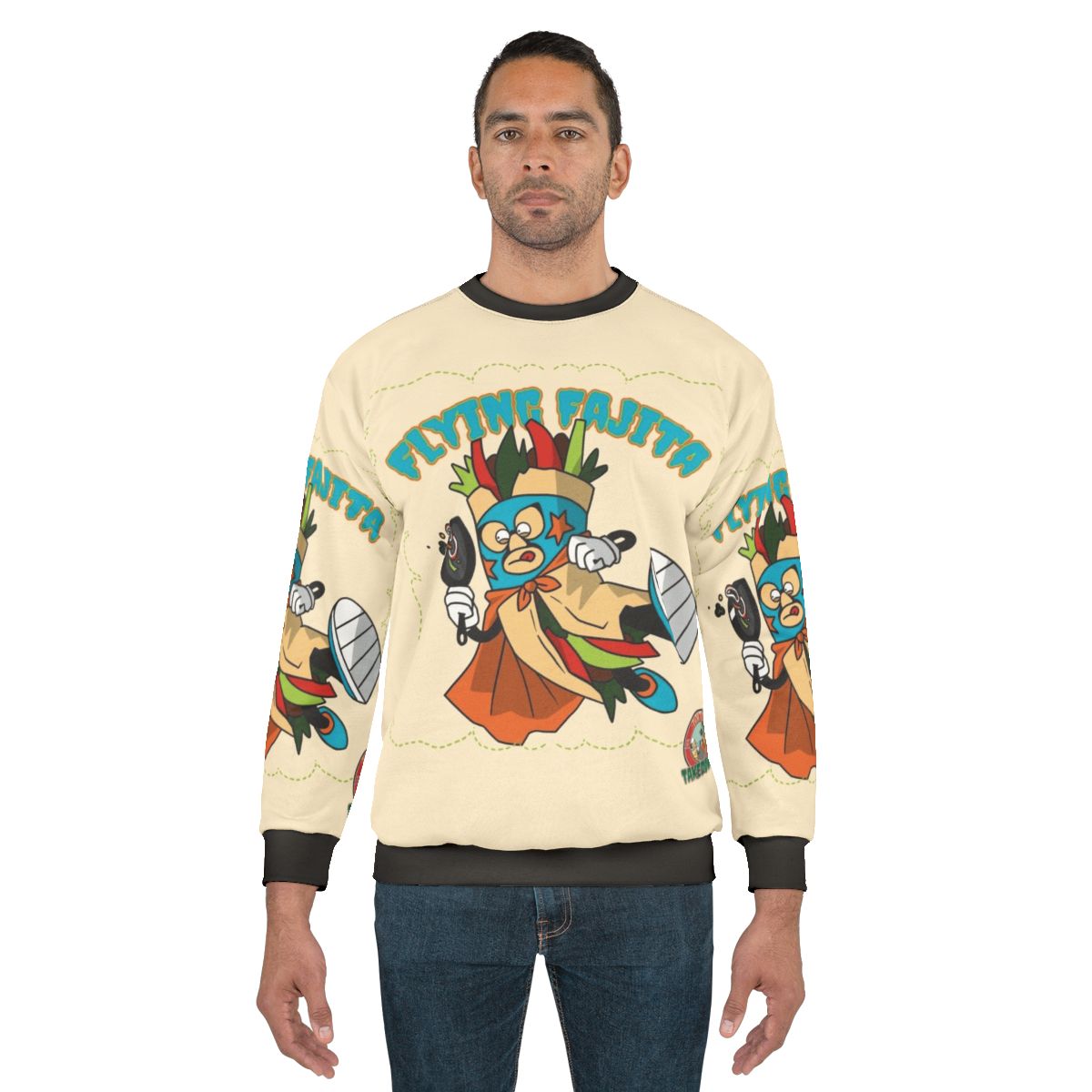 Mexican wrestling sweatshirt with tortilla takedown design