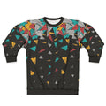 Geometric paper plane design on a colorful sweatshirt