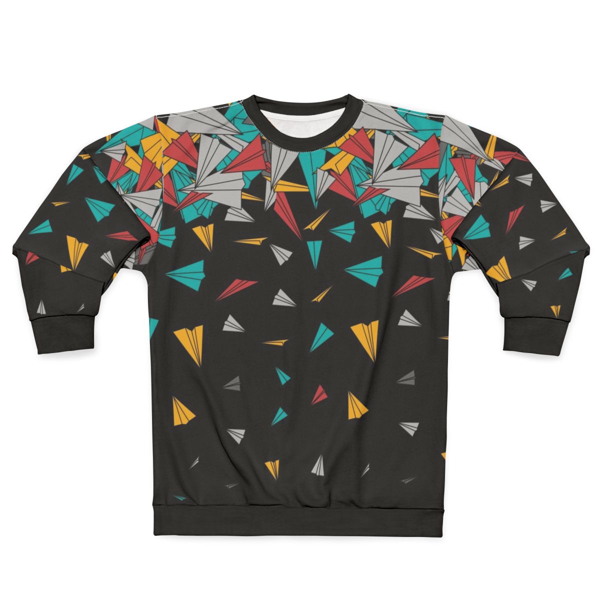 Geometric paper plane design on a colorful sweatshirt