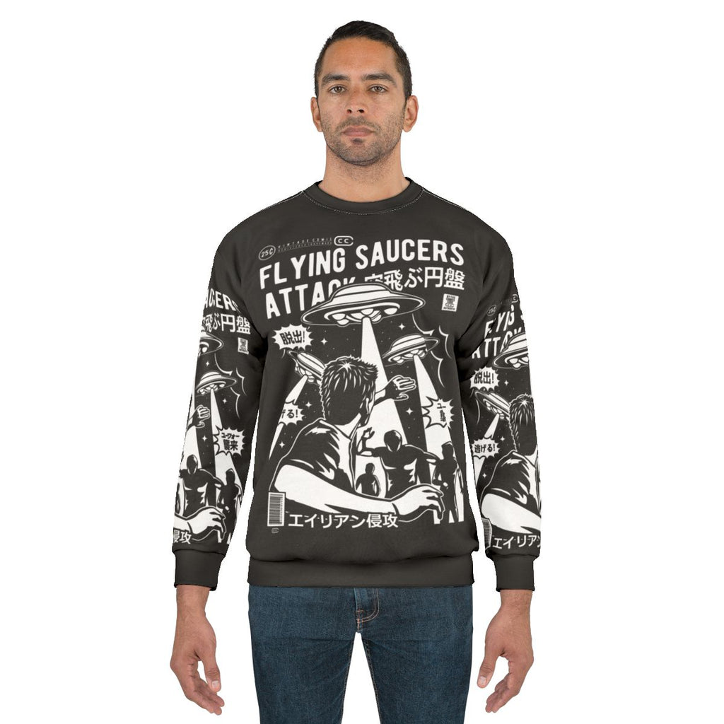 Vintage UFO sweatshirt with flying saucers and retro sci-fi design