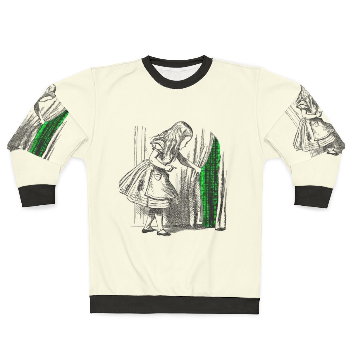 Follow the White Rabbit themed sweatshirt design with Alice in Wonderland and Matrix crossover elements