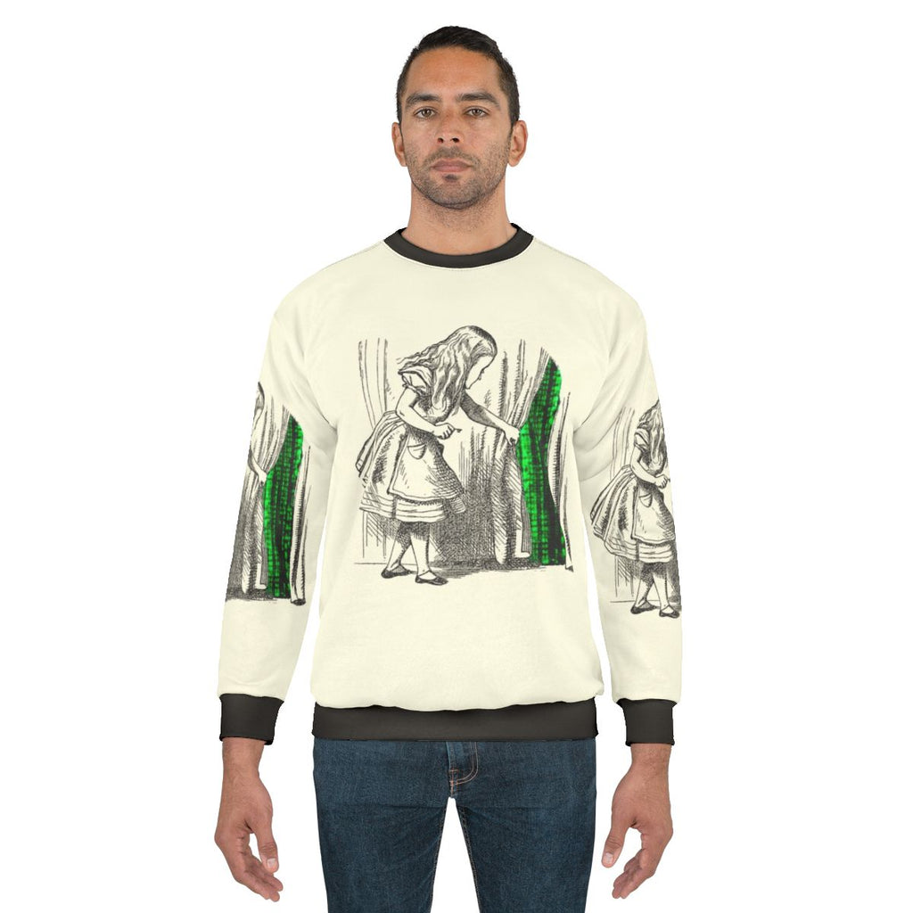 Follow the White Rabbit themed sweatshirt design with Alice in Wonderland and Matrix crossover elements
