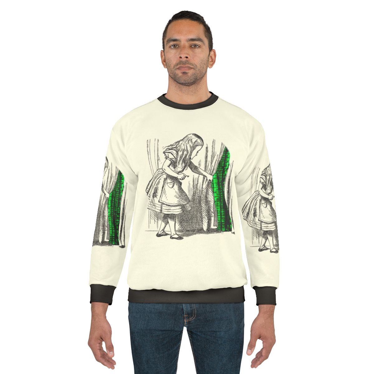 Follow the White Rabbit themed sweatshirt design with Alice in Wonderland and Matrix crossover elements