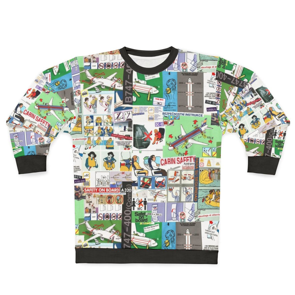 Aviation-themed collage sweatshirt with safety-related imagery
