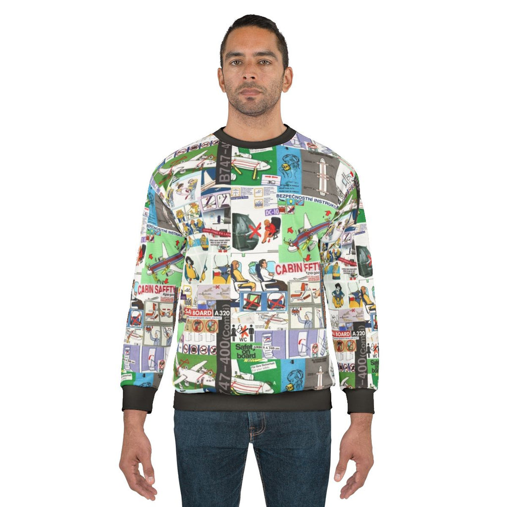 Aviation-themed collage sweatshirt with safety-related imagery