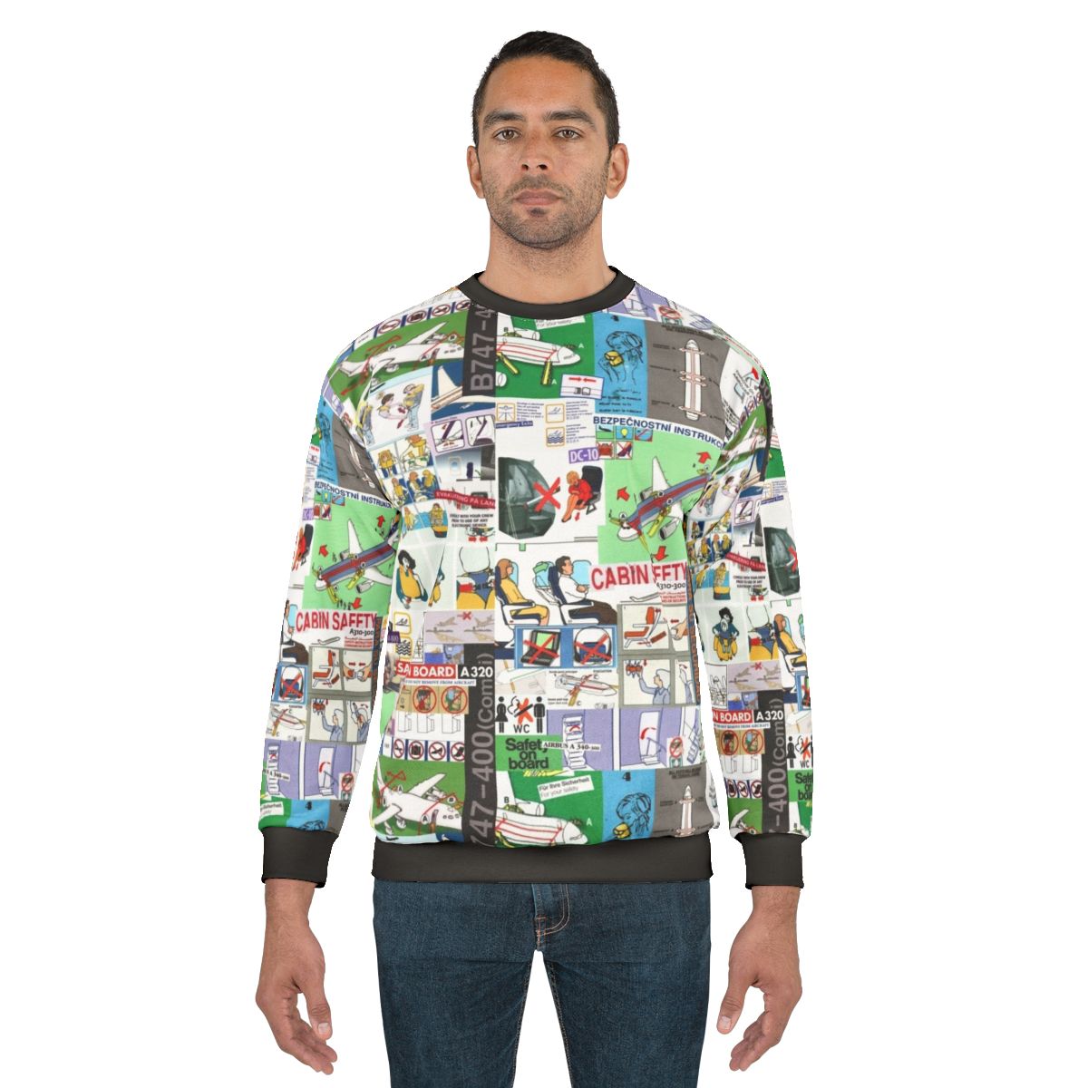Aviation-themed collage sweatshirt with safety-related imagery