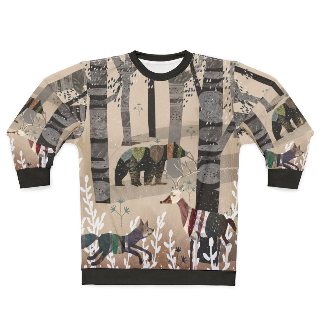 Watercolor illustration of forest animals on a beige sweatshirt