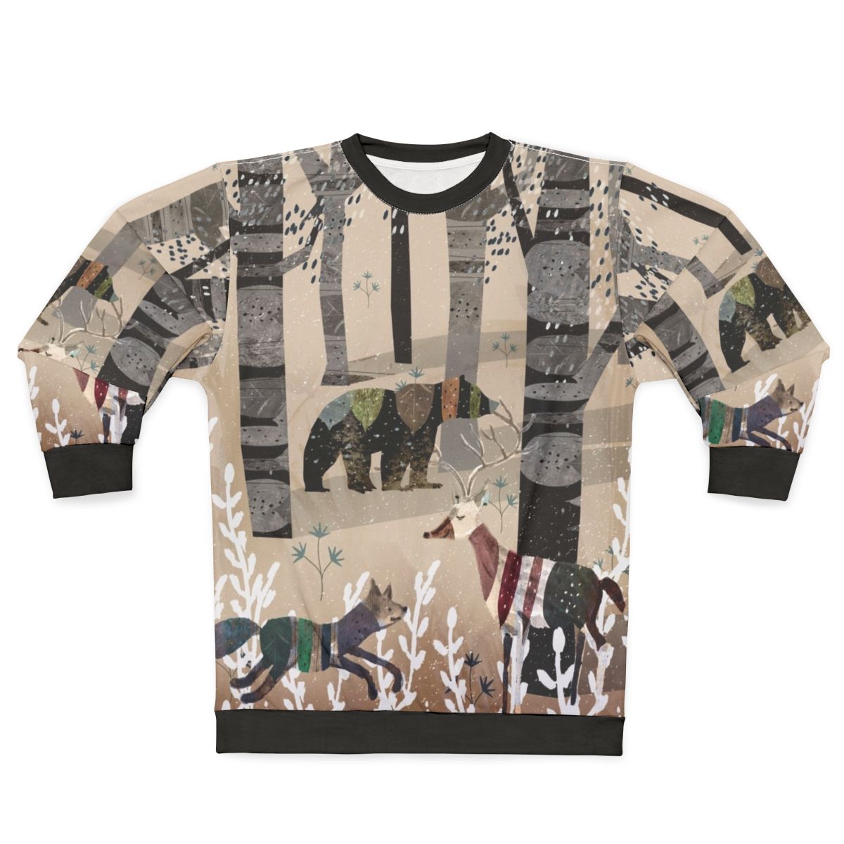 Watercolor illustration of forest animals on a beige sweatshirt