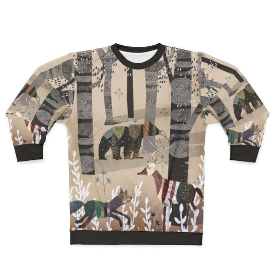 Watercolor illustration of forest animals on a beige sweatshirt