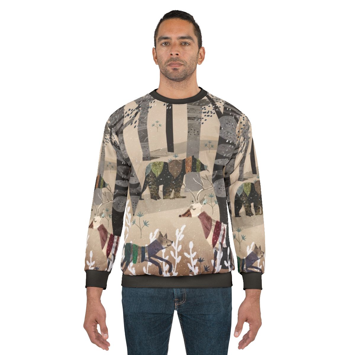 Watercolor illustration of forest animals on a beige sweatshirt