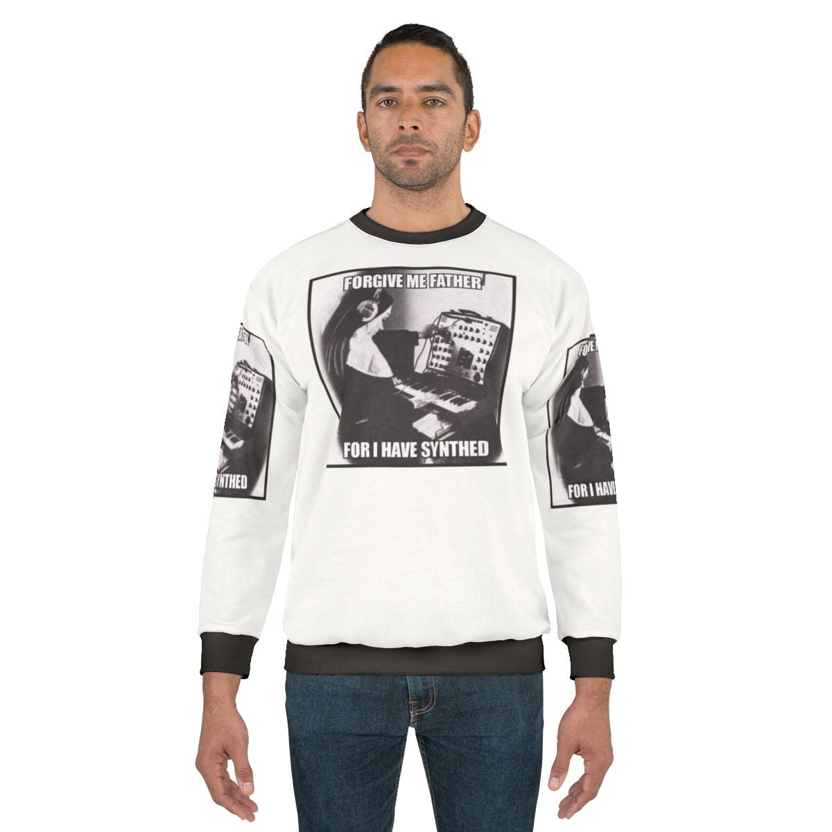The Weeknd inspired sweatshirt with "Forgive Me Father For I Have Synthed Sinned" text