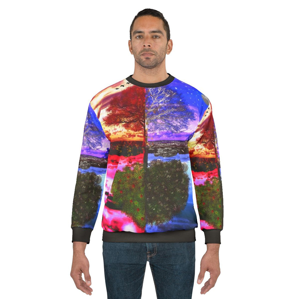 Four seasons sweatshirt with tree reflection design