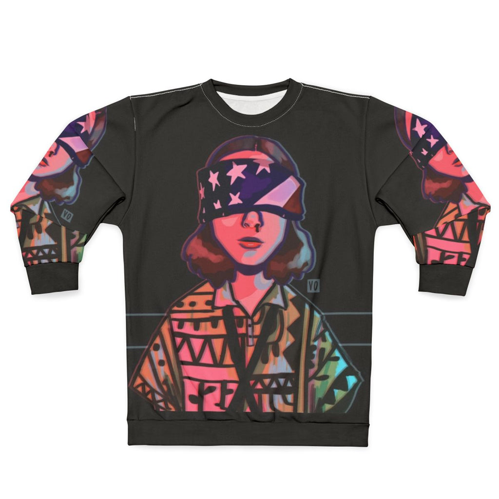 Eleven from Stranger Things wearing an American flag-inspired sweatshirt
