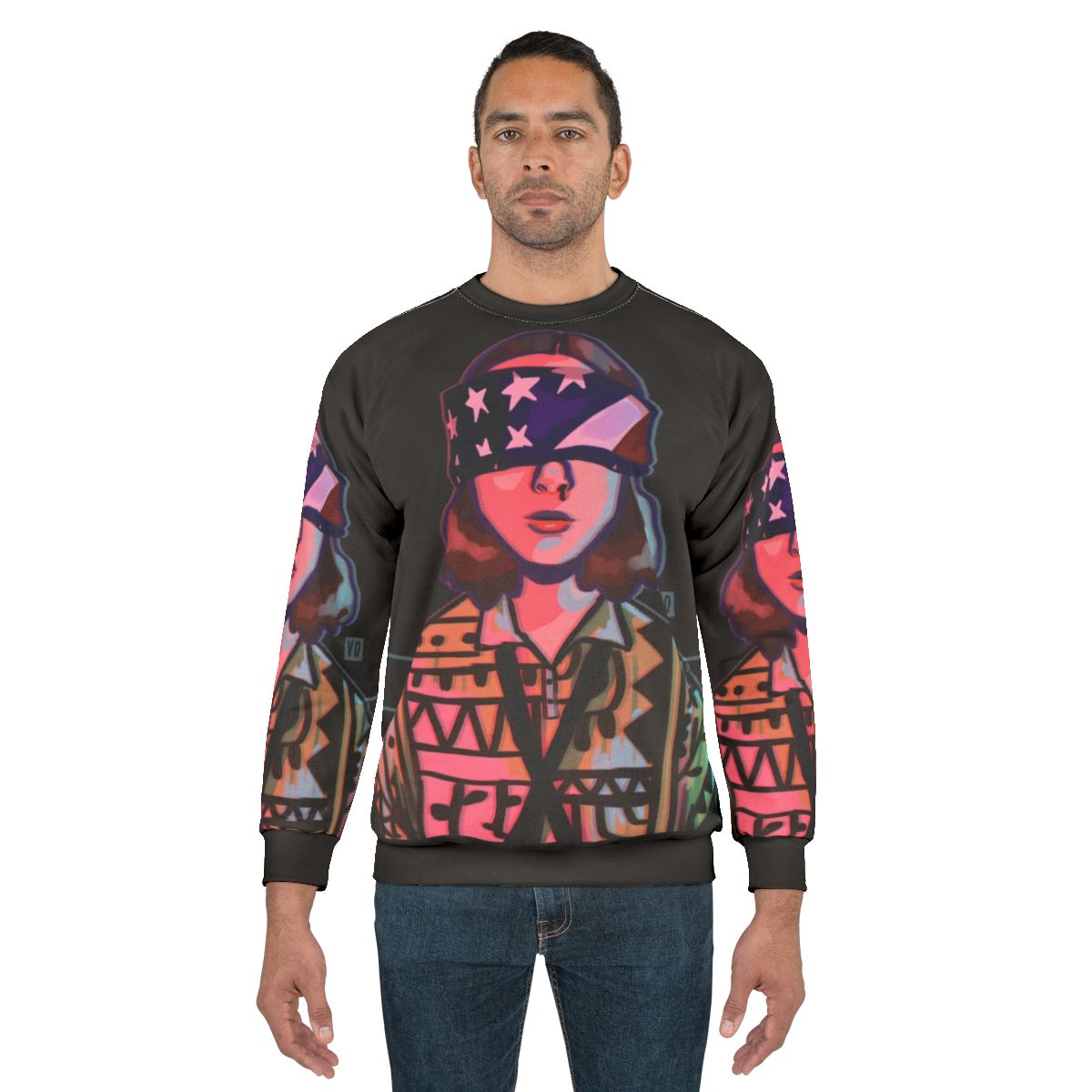Eleven from Stranger Things wearing an American flag-inspired sweatshirt