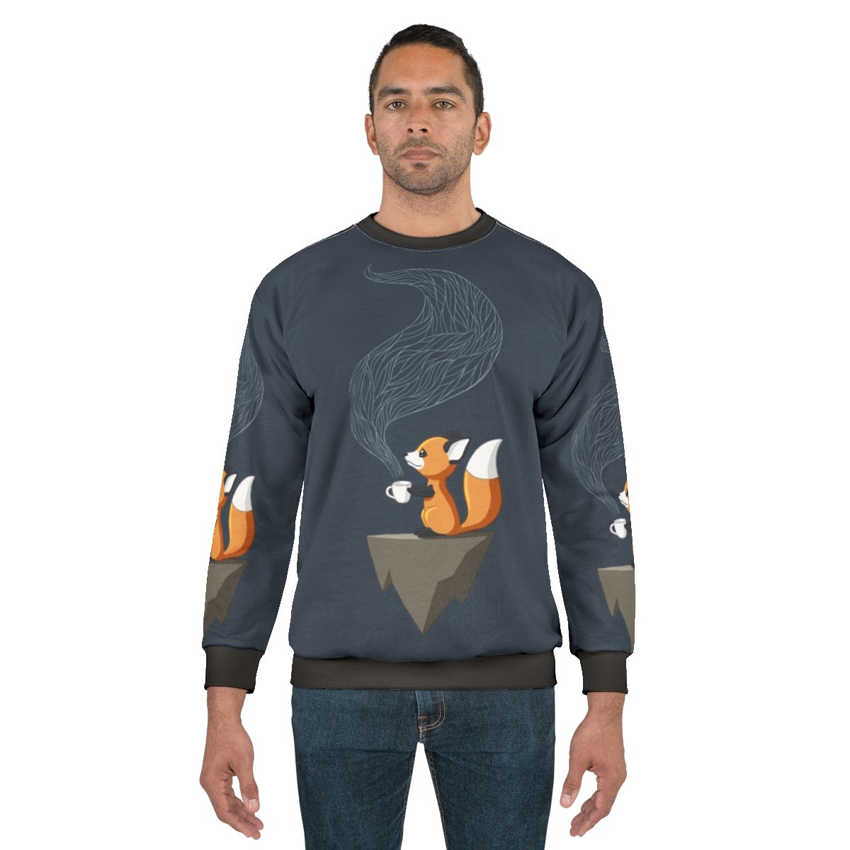Adorable fox holding a cup of tea on a cozy, soft sweatshirt