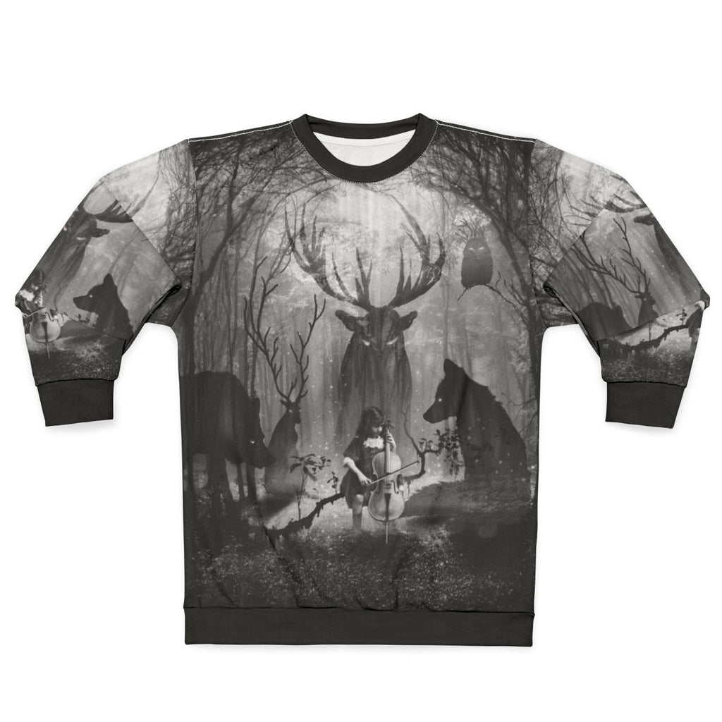 Cello music sweatshirt featuring a forest scene with a fox, wolf, and deer