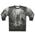 Cello music sweatshirt featuring a forest scene with a fox, wolf, and deer