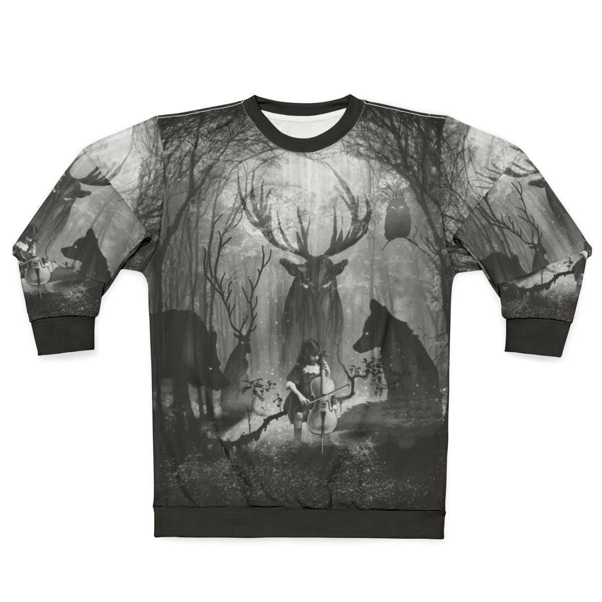 Cello music sweatshirt featuring a forest scene with a fox, wolf, and deer