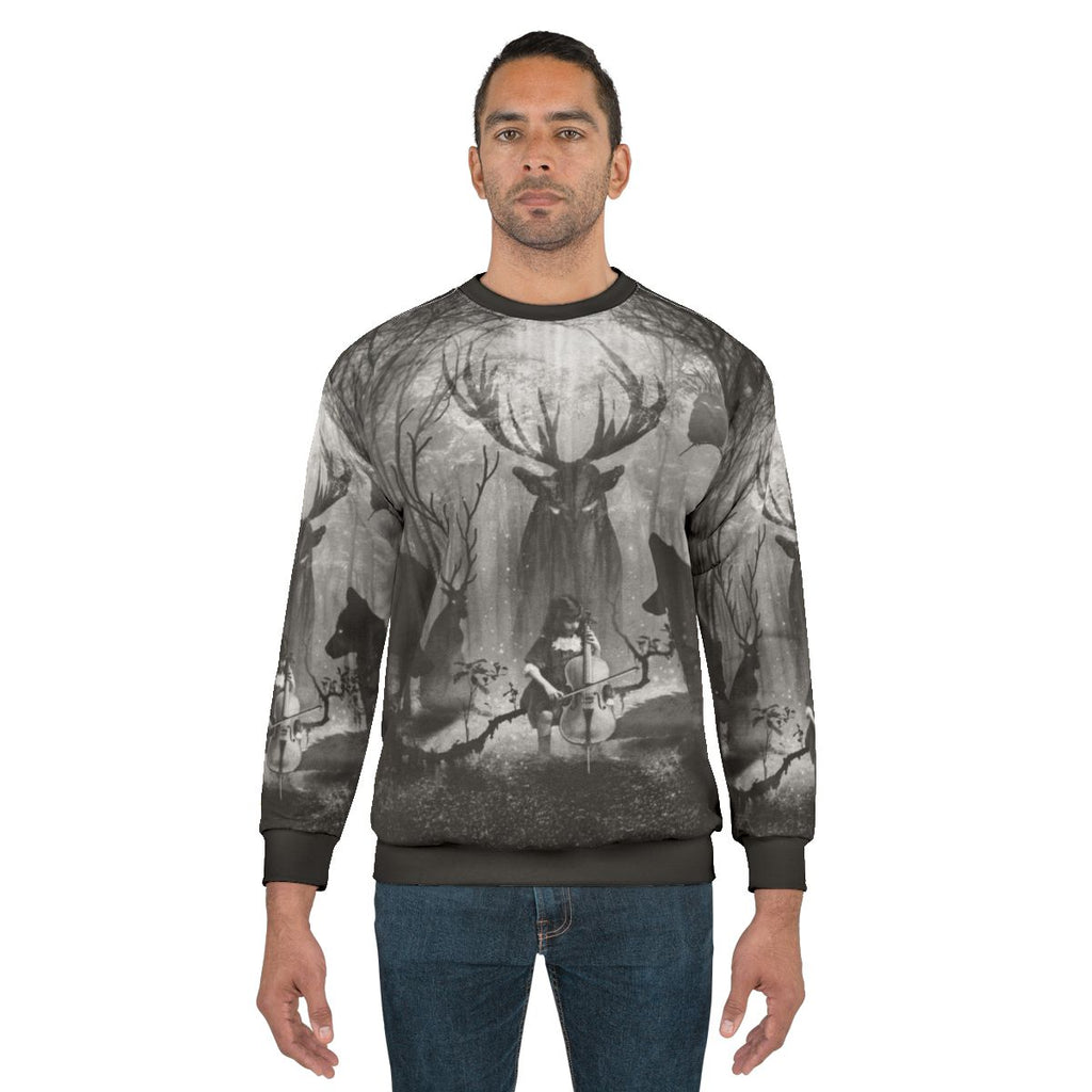 Cello music sweatshirt featuring a forest scene with a fox, wolf, and deer