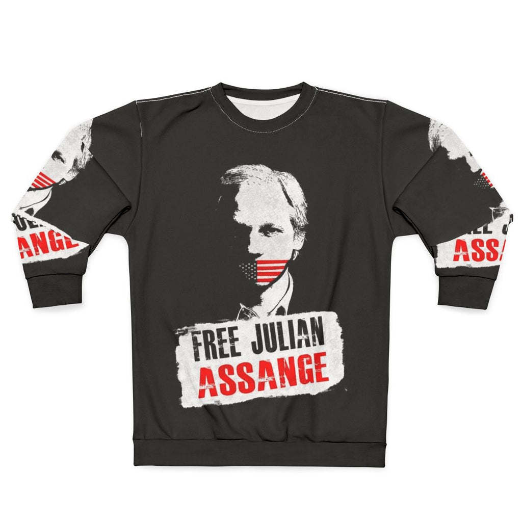 Free Julian Assange Sweatshirt with Wikileaks and Activism Imagery