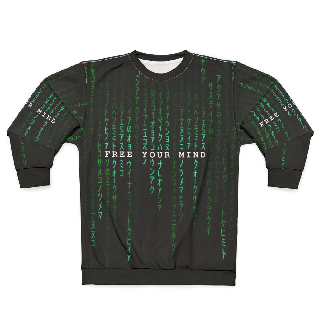 "Free Your Mind" sci-fi sweatshirt with digital rain design